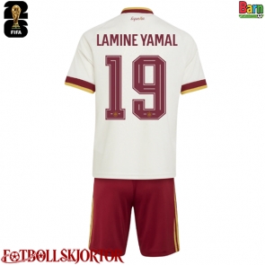 Spanien Lamine Yamal #19 Borta Kläder Barn VM 2026 Kortärmad (+ Korta byxor)